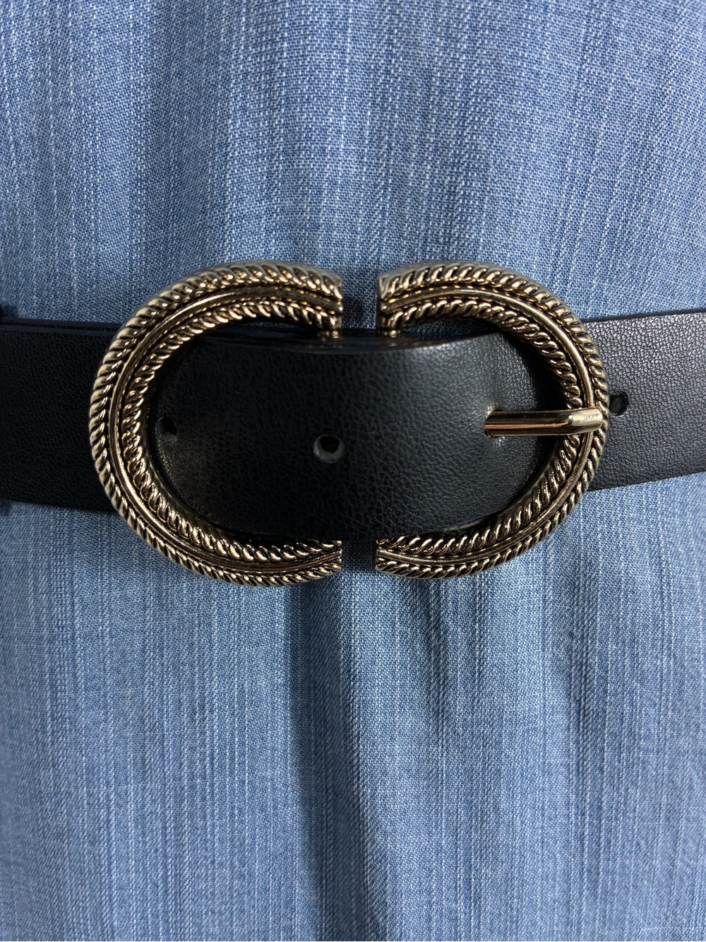 Plus Size Women's belt Black faux Leather 52" Ornate Gold Double-Loop Buckle
